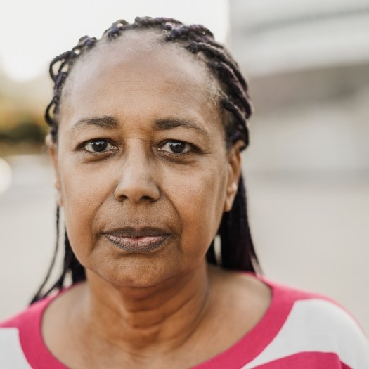 Woman staring sternly into the camera