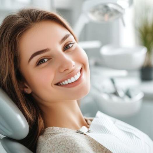 Happy, smiling cosmetic dentistry patient in treatment chair