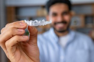 Smiling man holding Invisalign aligner